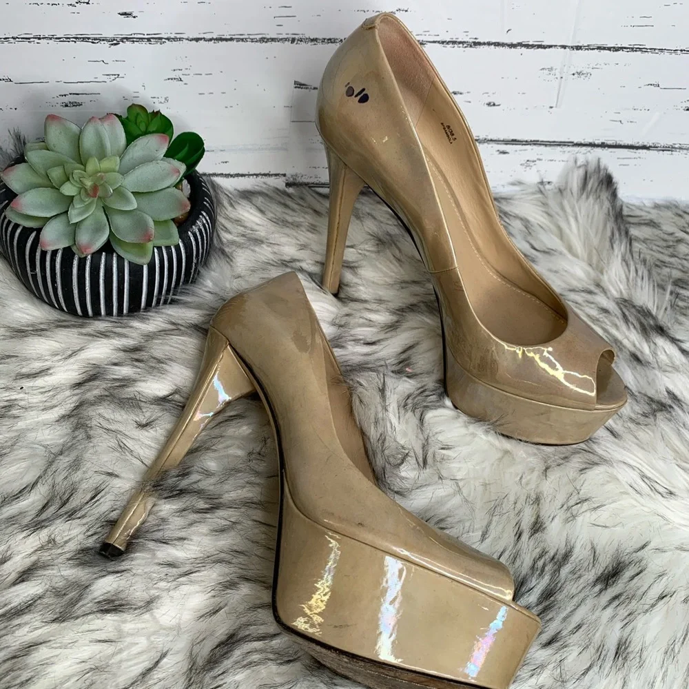 BRIAN ATWOOD Nude Designer Patent Leather Open Toe Platform Heels *AS IS*, 8